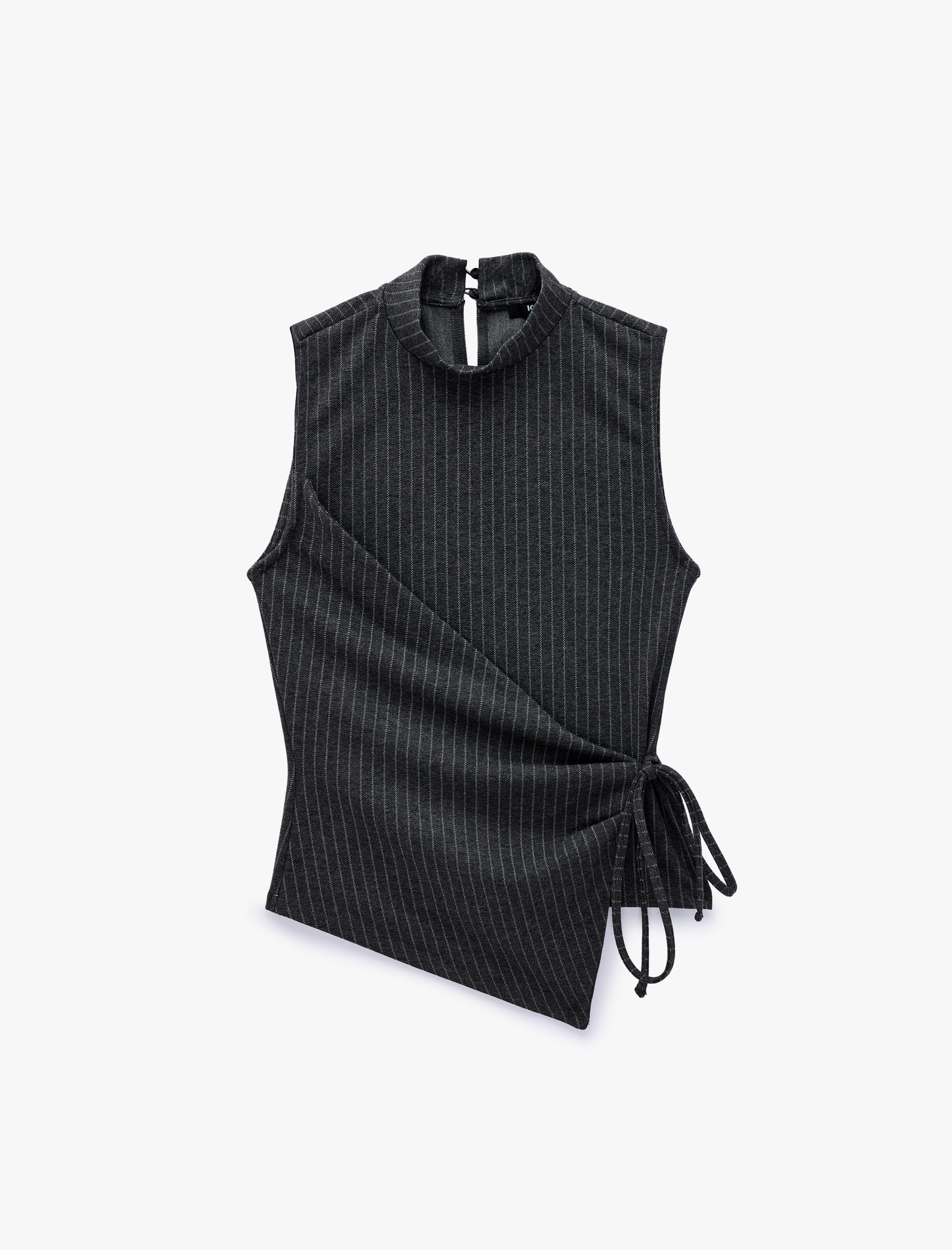   Slim Fit Bağlama Detaylı Kruvaze Çizgili Dik Yaka Kolsuz Bluz