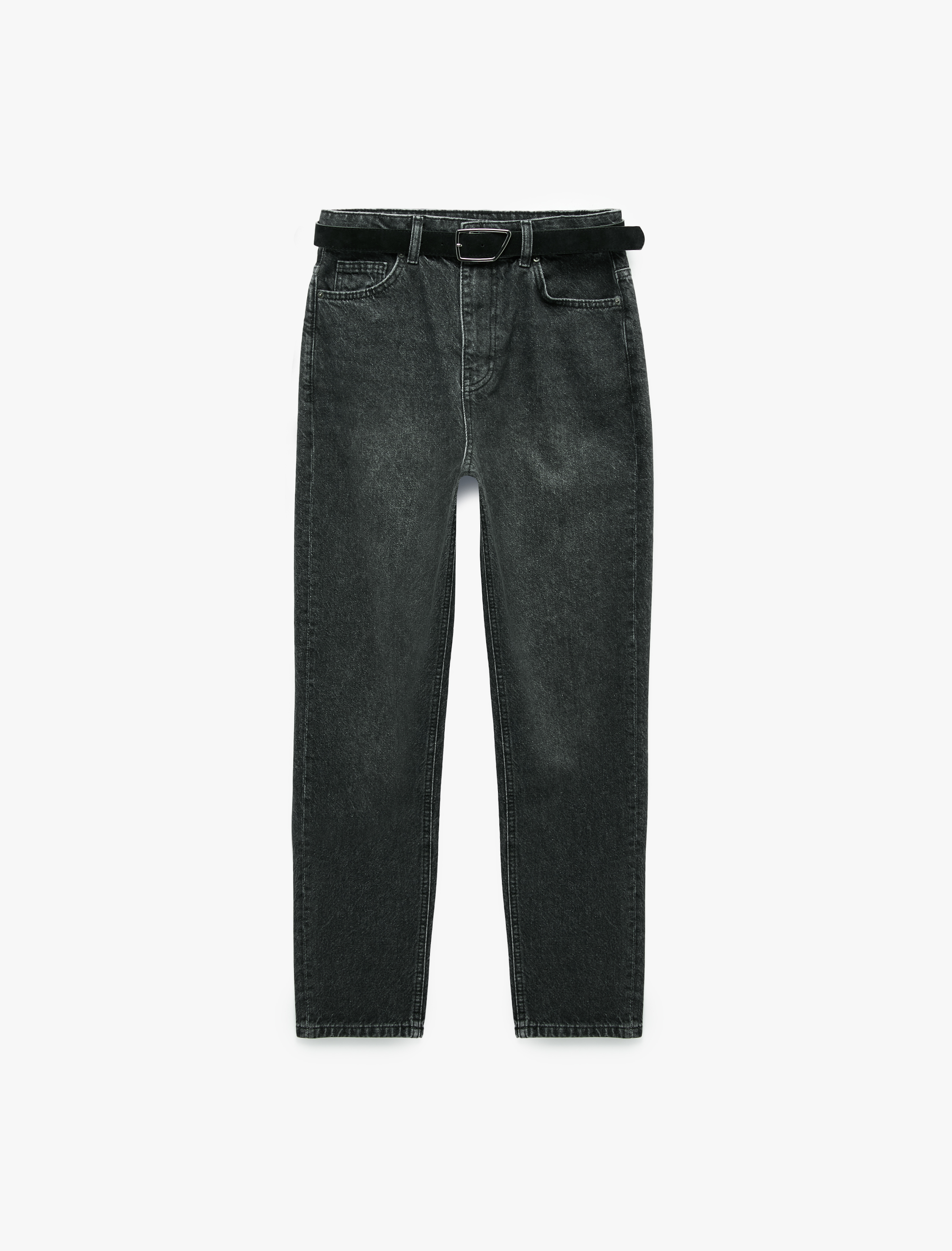   Kemerli Yüksek Bel Dar Kalıp Düz Paça Pamuklu Denim Pantolon - Mom Slim Jean