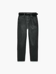 Kemerli Yüksek Bel Dar Kalıp Düz Paça Pamuklu Denim Pantolon - Mom Slim Jean