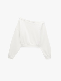 Uzun Kollu Üç İplik Asimetrik Kayık Yaka Omzu Açık Sweatshirt