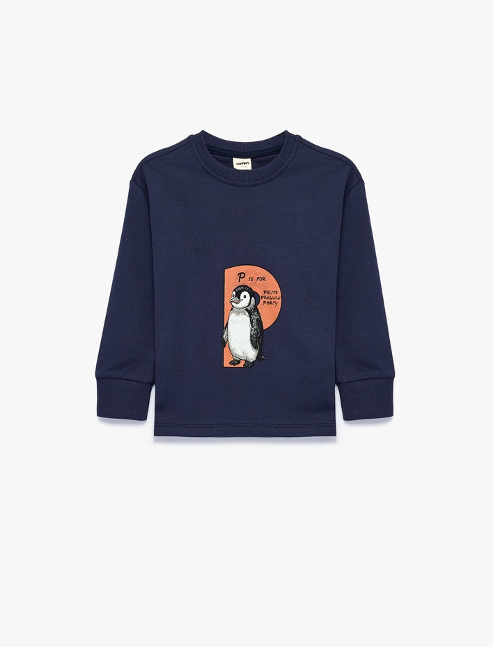 Erkek Bebek Penguen Baskılı Pamuklu Bisiklet Yaka Uzun Kollu Oversize Tişört