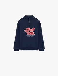 Dik Yaka Fermuarlı Uzun Kollu Şardonlu Baskılı Pamuklu Sweatshirt