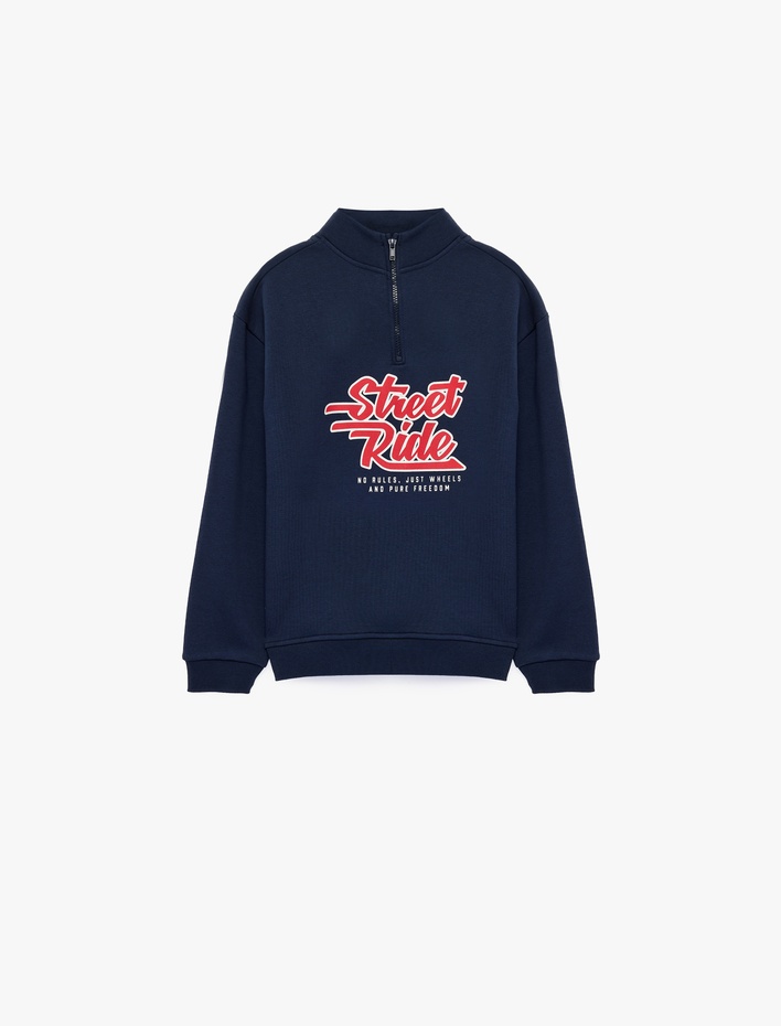 Erkek Çocuk Dik Yaka Fermuarlı Uzun Kollu Şardonlu Baskılı Pamuklu Sweatshirt