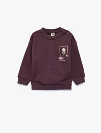 Çiçek Baskılı Şardonlu Bisiklet Yaka Uzun Kollu Sweatshirt
