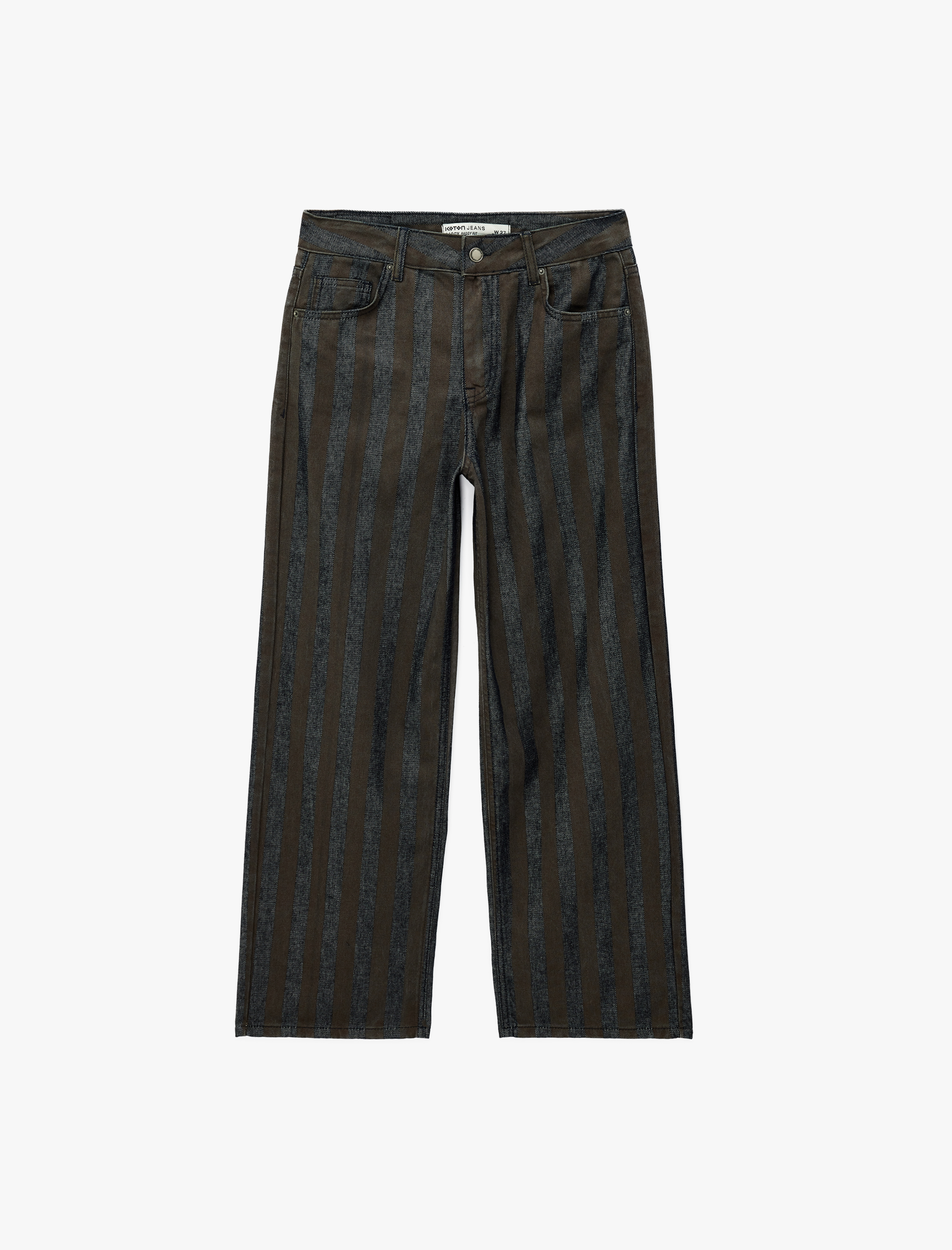   Normal Bel Beş Cepli Düz Paça Pamuklu Çizgili Baggy Denim Pantolon - Baggy Jeans