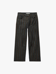 Normal Bel Beş Cepli Düz Paça Pamuklu Çizgili Baggy Denim Pantolon - Baggy Jeans