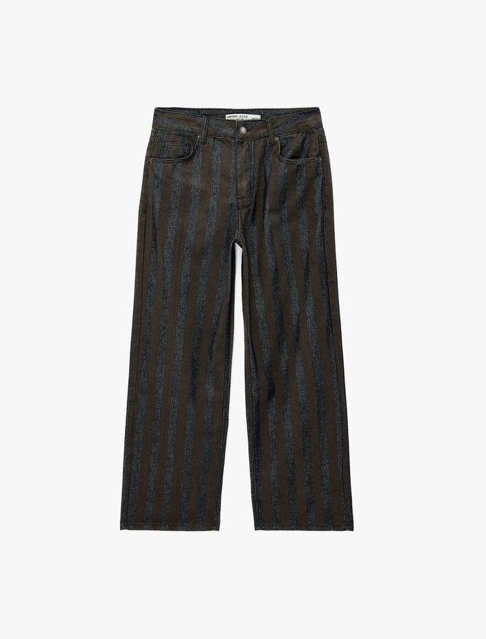  Normal Bel Beş Cepli Düz Paça Pamuklu Çizgili Baggy Denim Pantolon - Baggy Jeans
