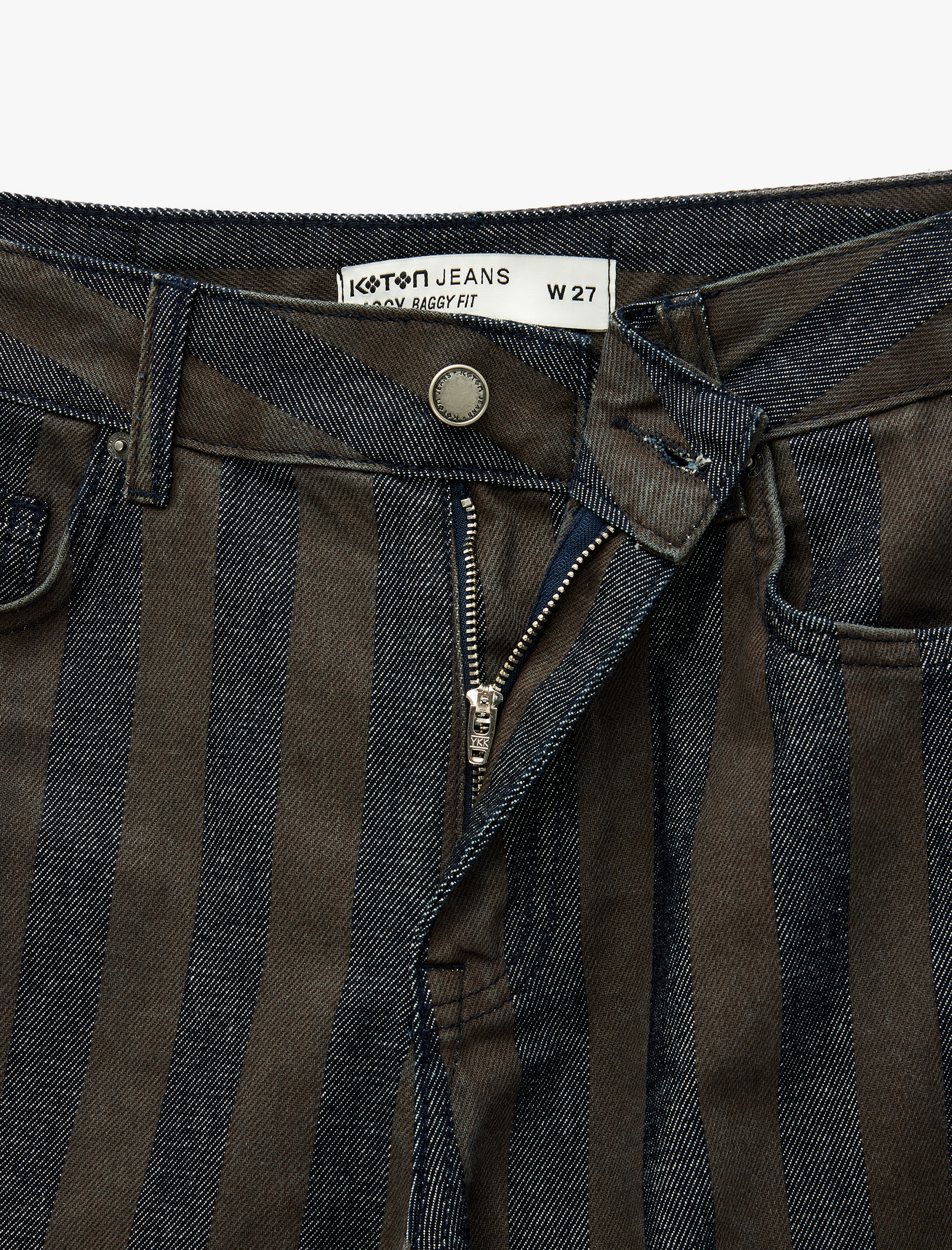   Normal Bel Beş Cepli Düz Paça Pamuklu Çizgili Baggy Denim Pantolon - Baggy Jeans