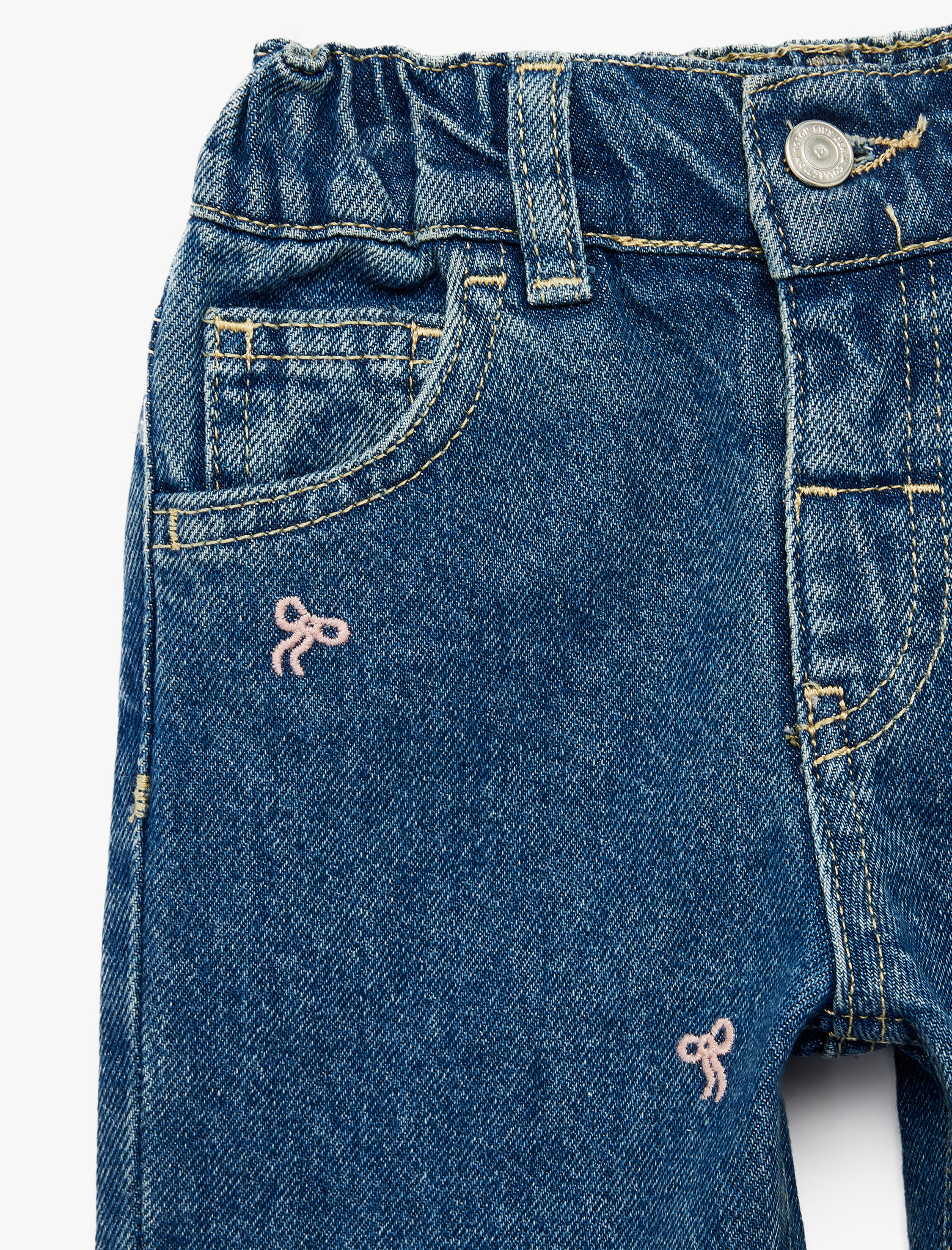  Kız Bebek Pamuklu Fiyonk Nakış Detaylı Denim Pantolon