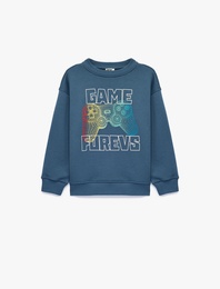 Oyun Temalı Baskılı Uzun Kollu Bisiklet Yaka Oversize Sweatshirt