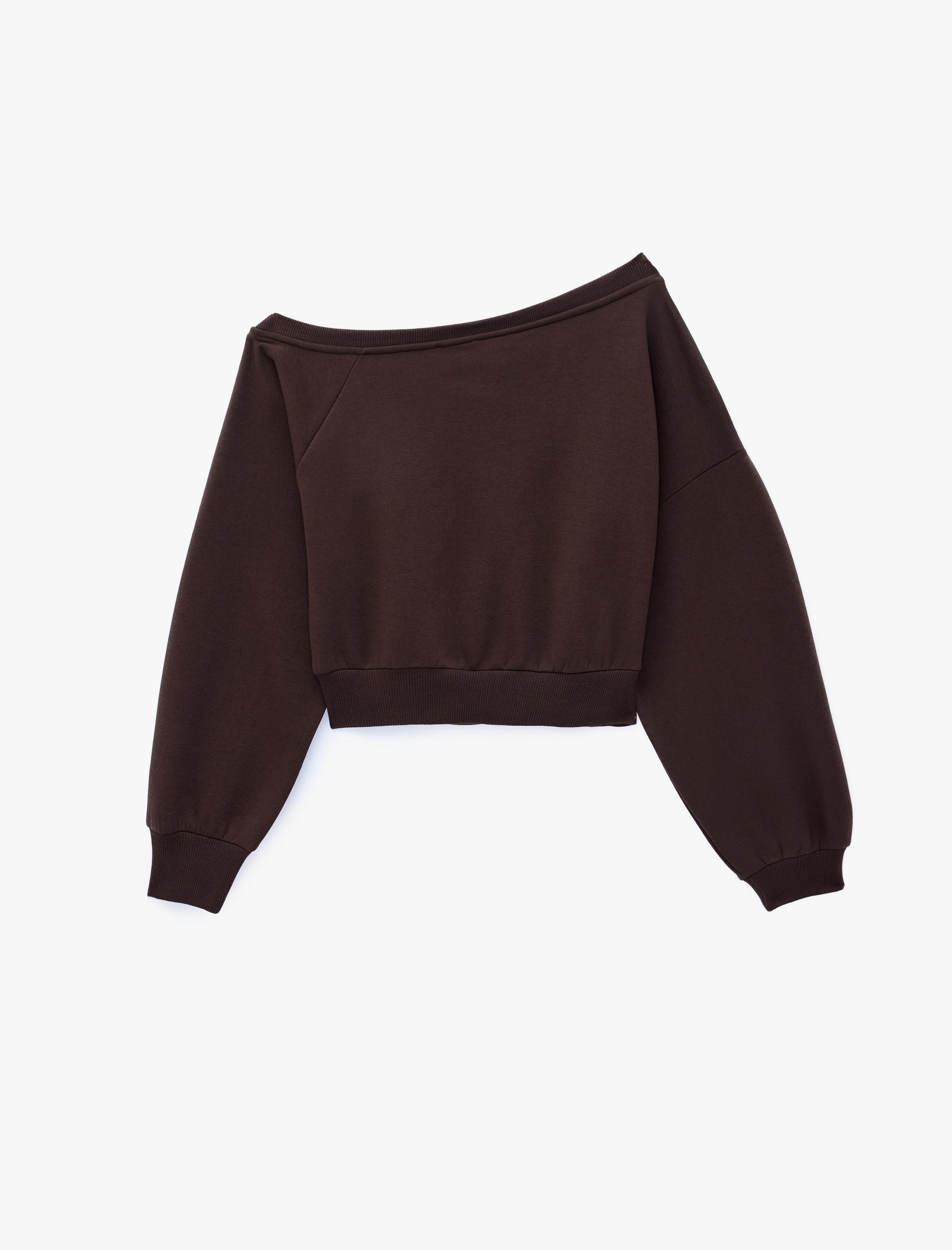  Uzun Kollu Üç İplik Asimetrik Kayık Yaka Omzu Açık Sweatshirt