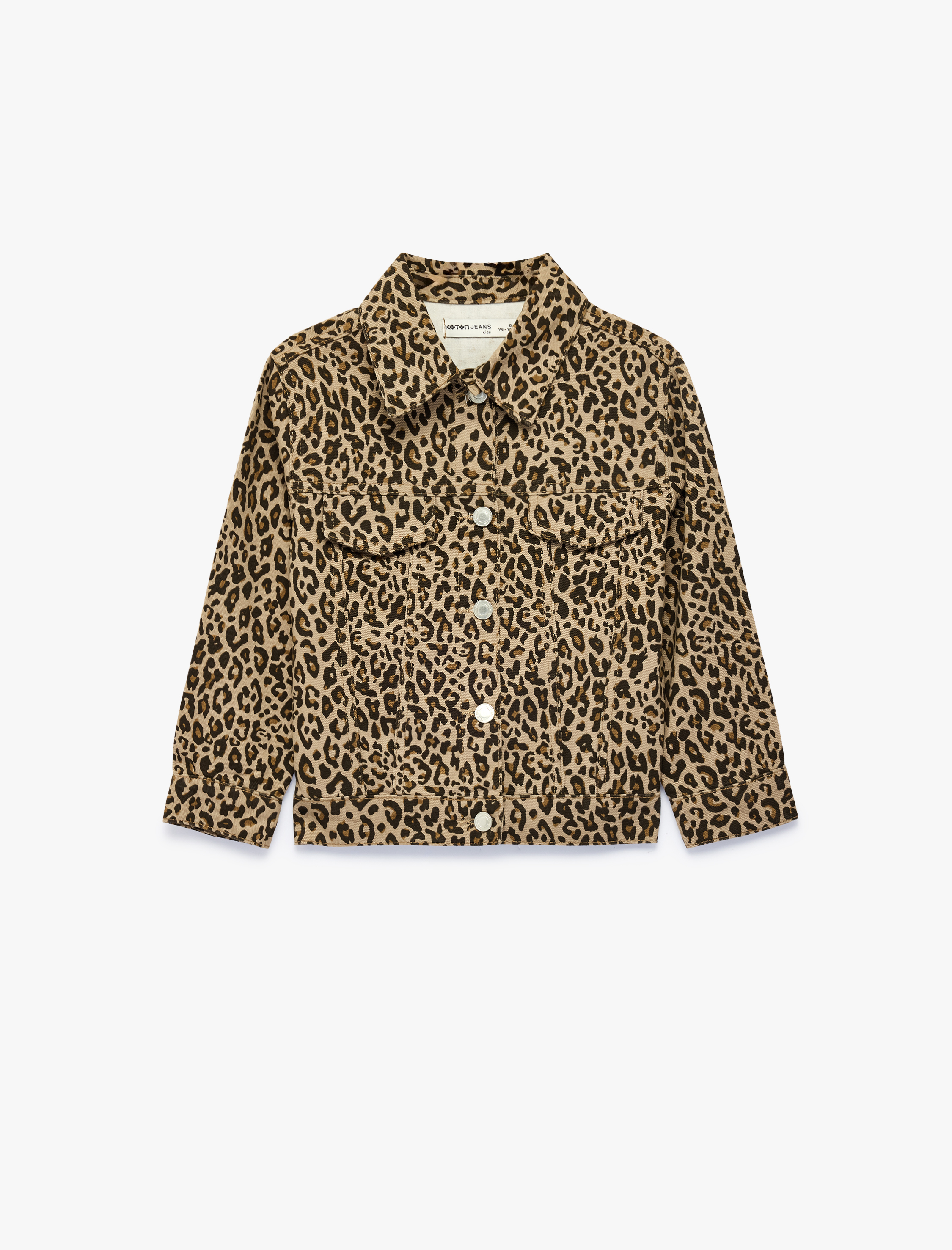  Kız Çocuk Leopar Desenli Bol Kesim Pamuklu Uzun Kollu Denim Ceket