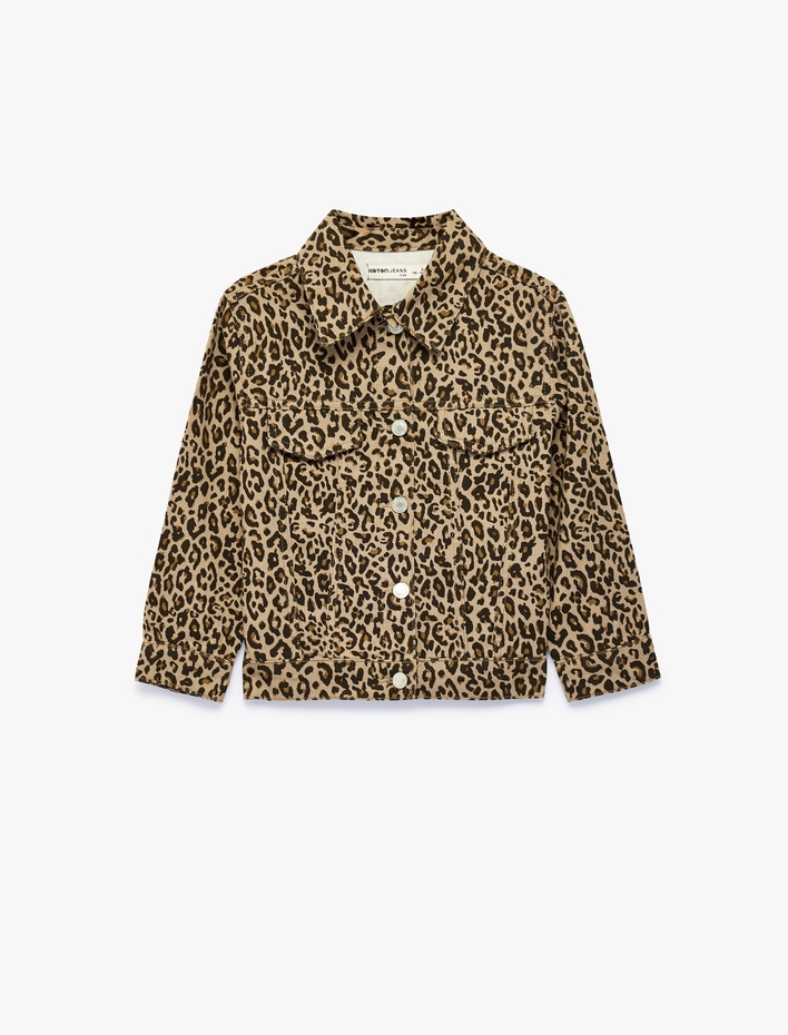 Kız Çocuk Leopar Desenli Bol Kesim Pamuklu Uzun Kollu Denim Ceket