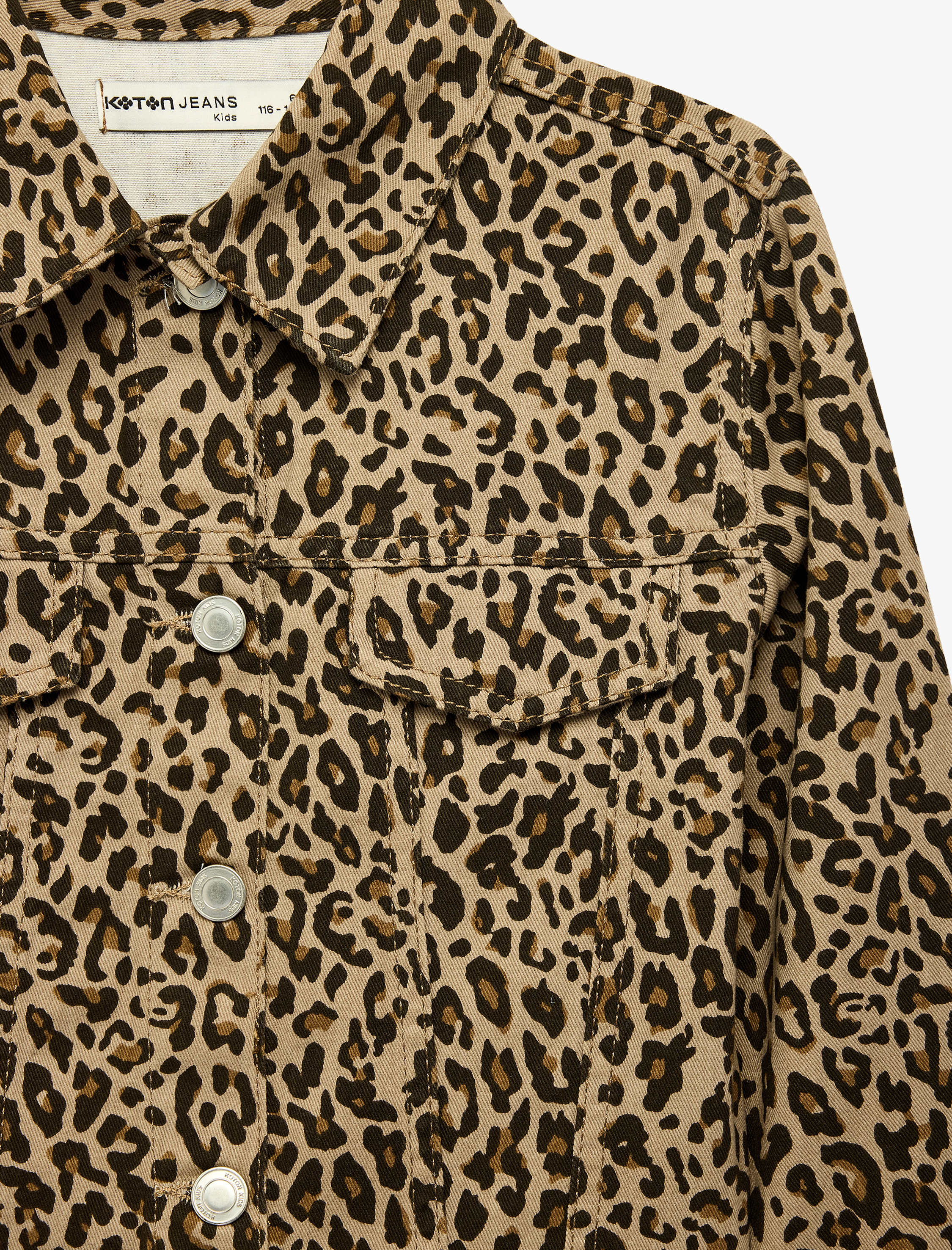  Kız Çocuk Leopar Desenli Bol Kesim Pamuklu Uzun Kollu Denim Ceket