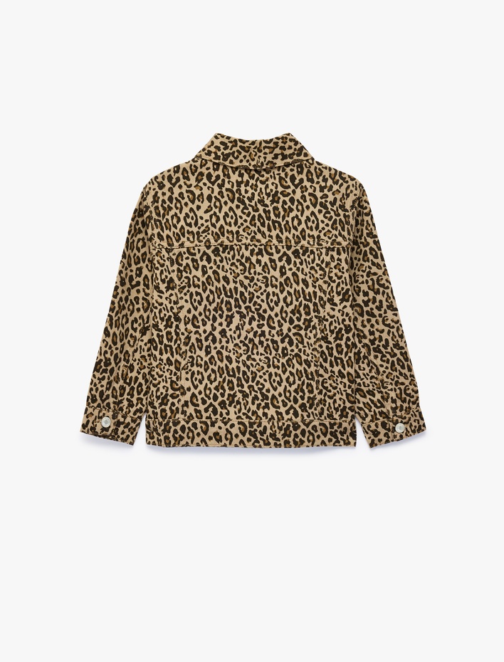 Kız Çocuk Leopar Desenli Bol Kesim Pamuklu Uzun Kollu Denim Ceket