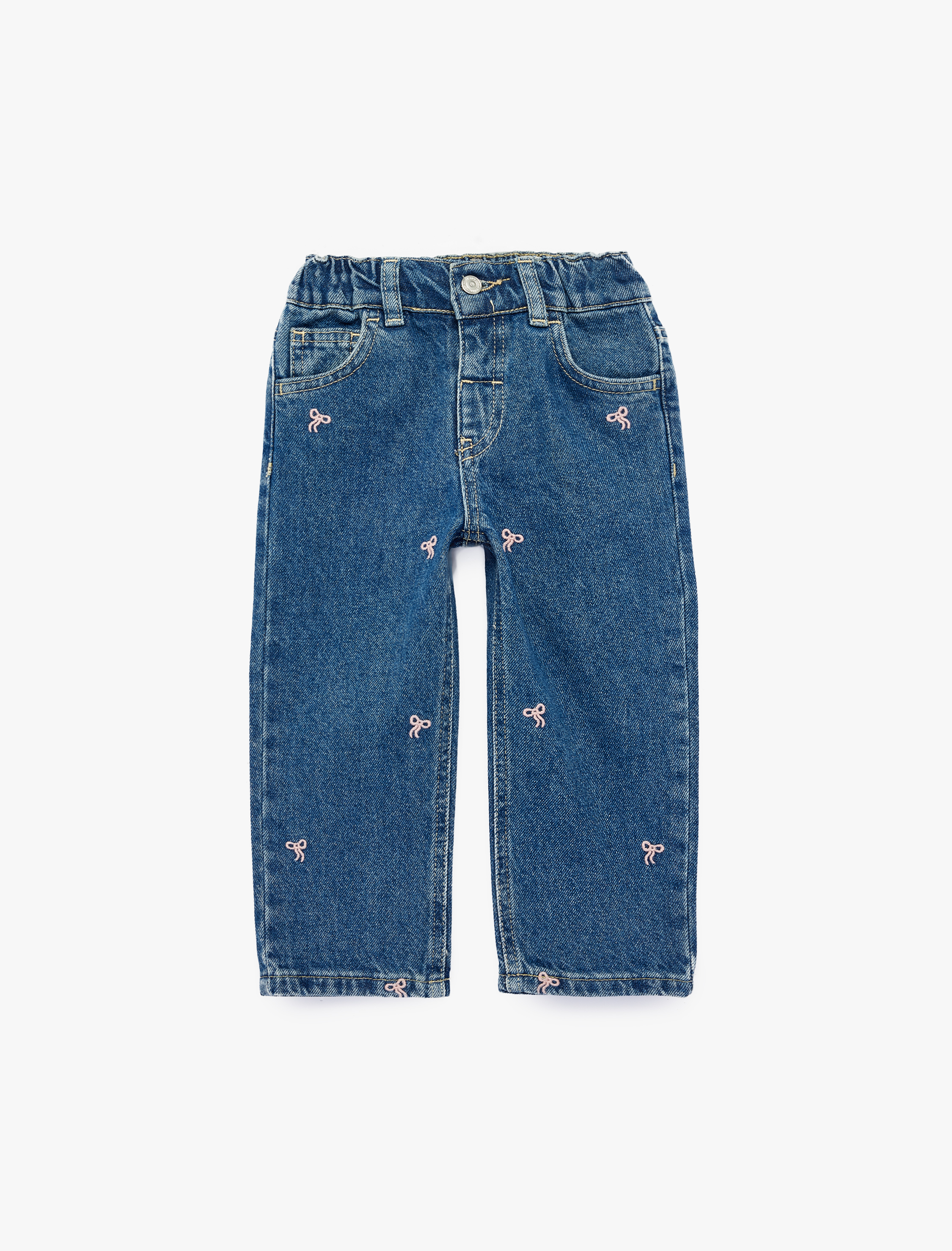  Kız Bebek Pamuklu Fiyonk Nakış Detaylı Denim Pantolon