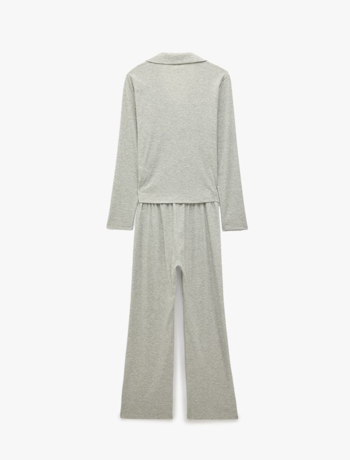  Rahat Kalıp Uzun Kollu Düğmeli Gömlek Yaka Kaşkorse Pijama Takımı