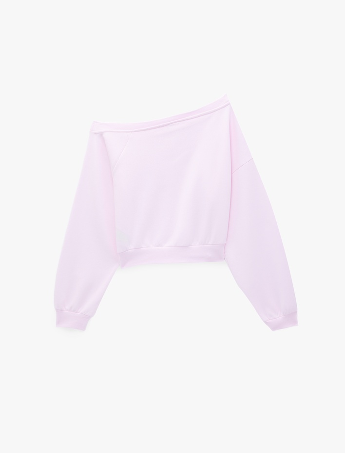  Uzun Kollu Üç İplik Asimetrik Kayık Yaka Omzu Açık Sweatshirt