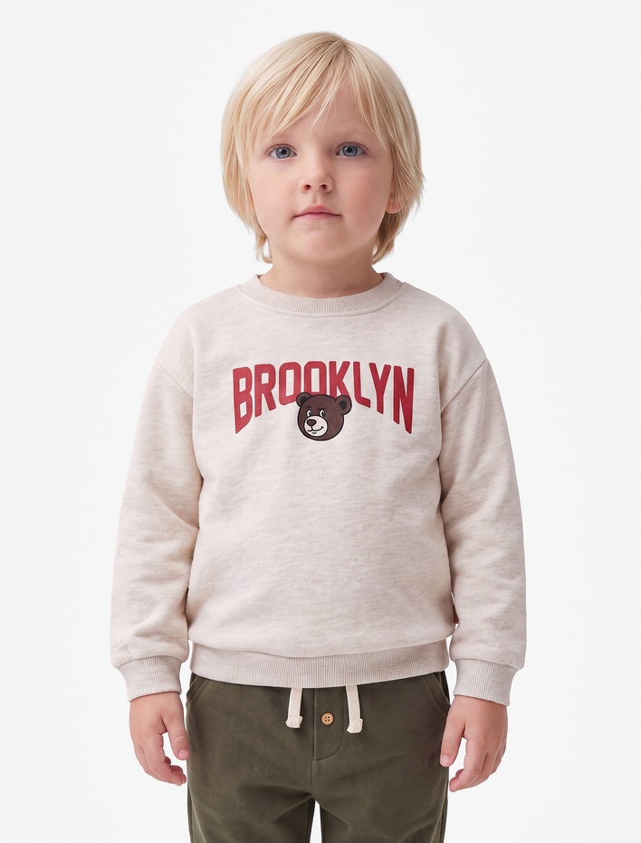 Erkek Bebek Şardonlu Uzun Kollu Bisiklet Yaka Ayıcık Baskılı Oversize Sweatshirt