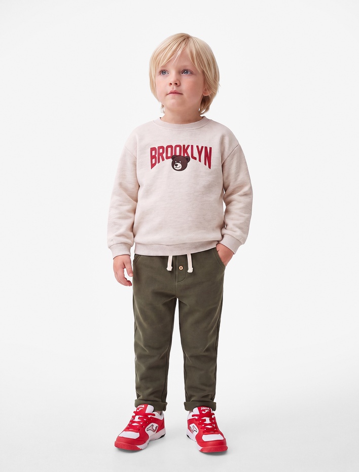 Erkek Bebek Şardonlu Uzun Kollu Bisiklet Yaka Ayıcık Baskılı Oversize Sweatshirt