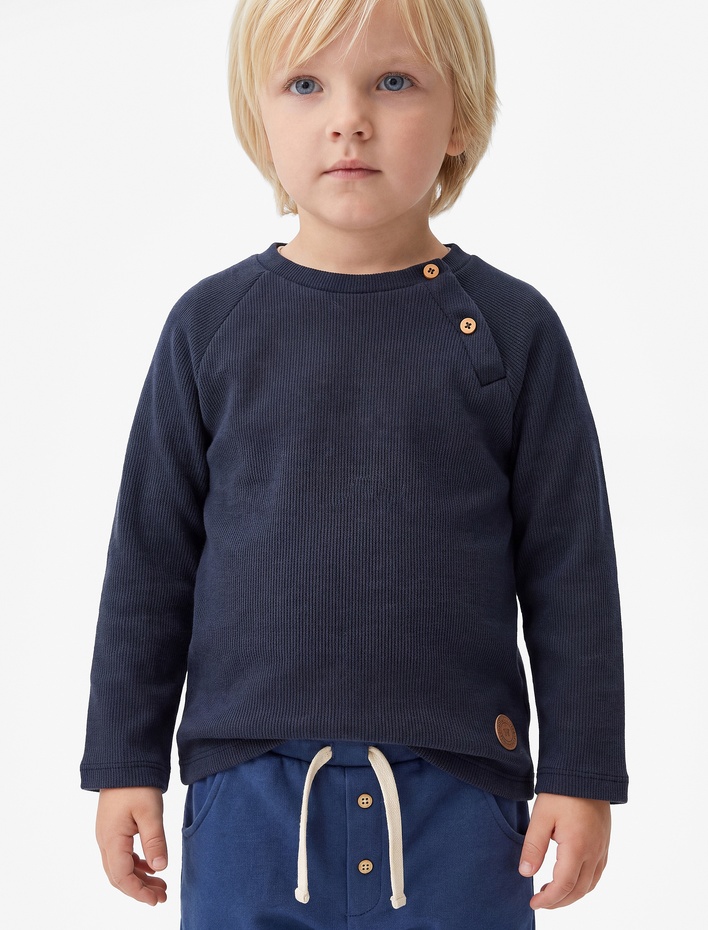 Erkek Bebek Düğmeli Uzun Kollu Bisiklet Yaka Pamuklu Sweatshirt