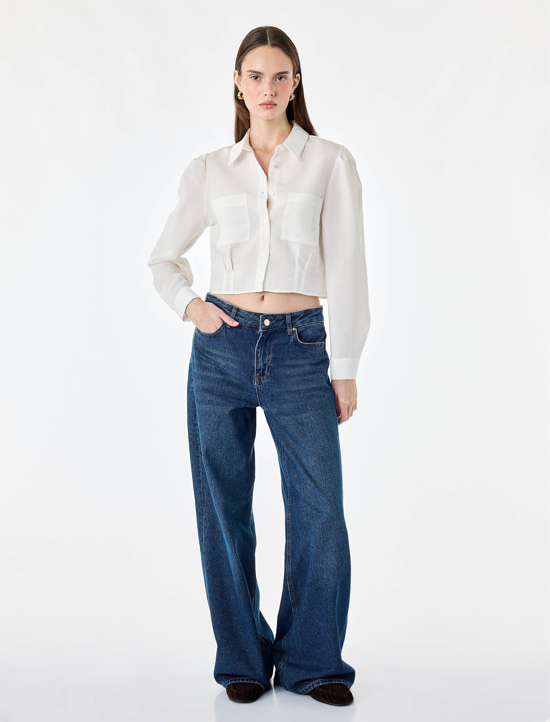   Viskon Kumaş Regular Fit Uzun Kollu Cepli Bel Vurgulu Crop Gömlek