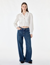 Viskon Kumaş Regular Fit Uzun Kollu Cepli Bel Vurgulu Crop Gömlek
