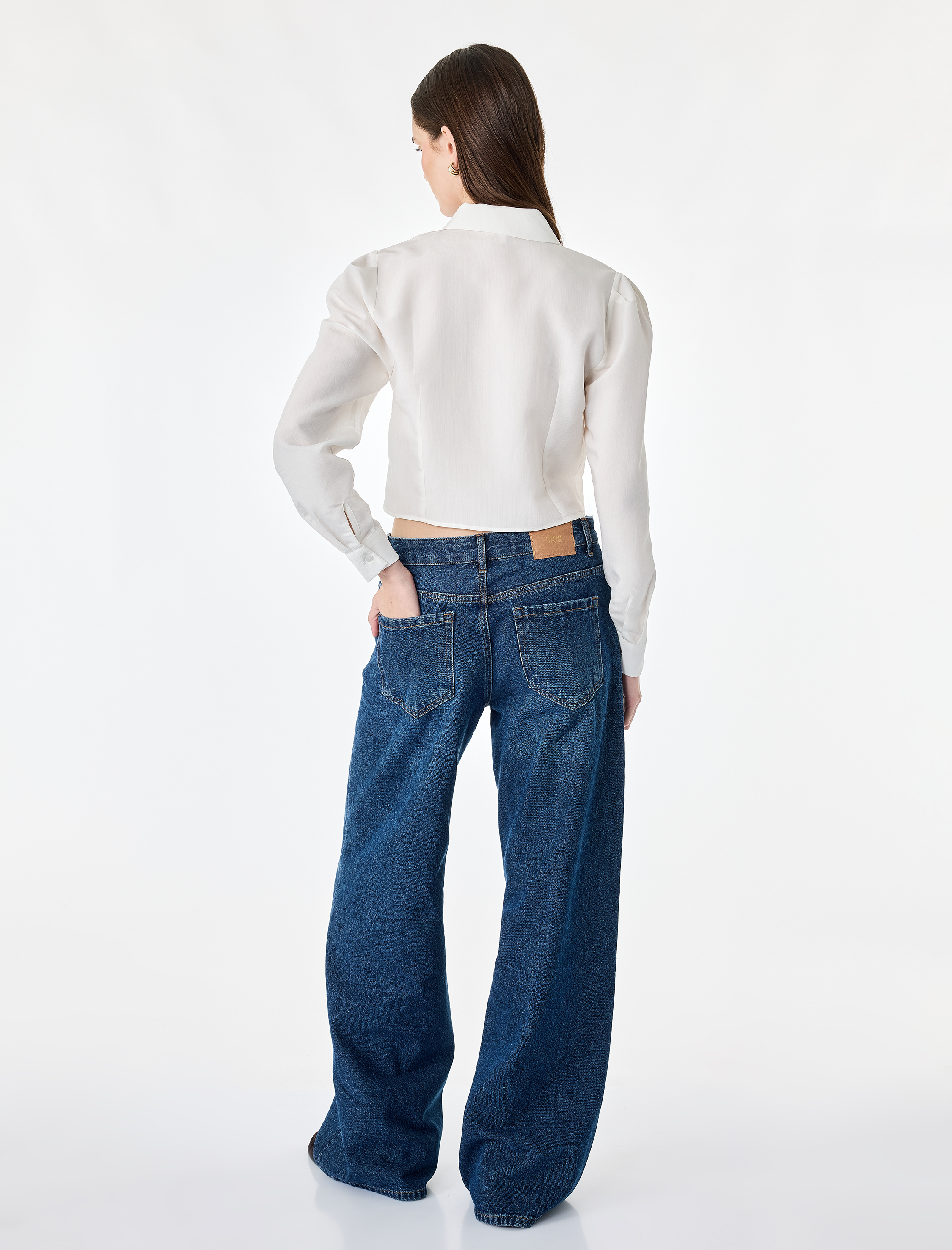   Viskon Kumaş Regular Fit Uzun Kollu Cepli Bel Vurgulu Crop Gömlek