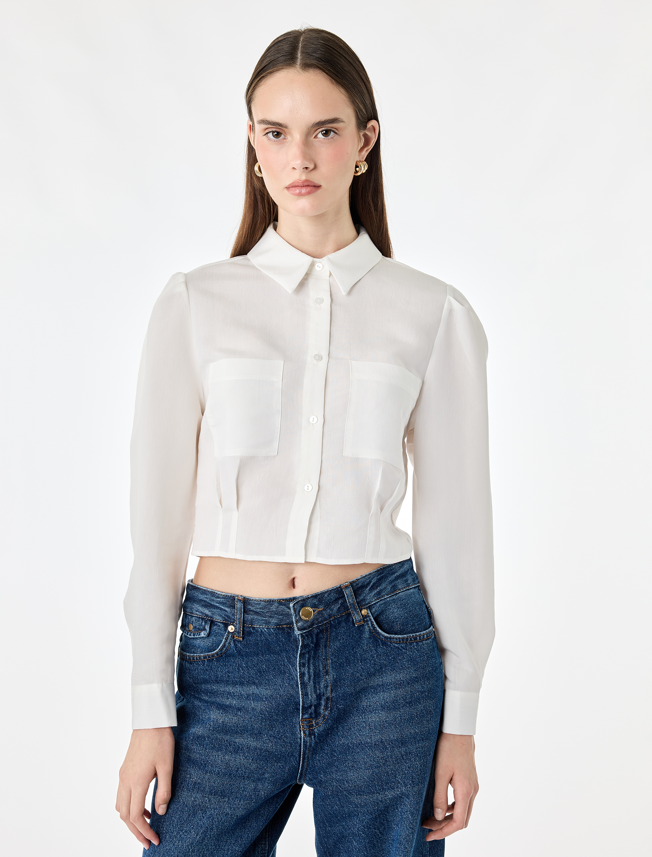   Viskon Kumaş Regular Fit Uzun Kollu Cepli Bel Vurgulu Crop Gömlek
