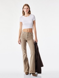 Pamuklu Dar Kesim Yüksek Bel Cepli Düğmeli İspanyol Paça Pantolon - Flare Jeans
