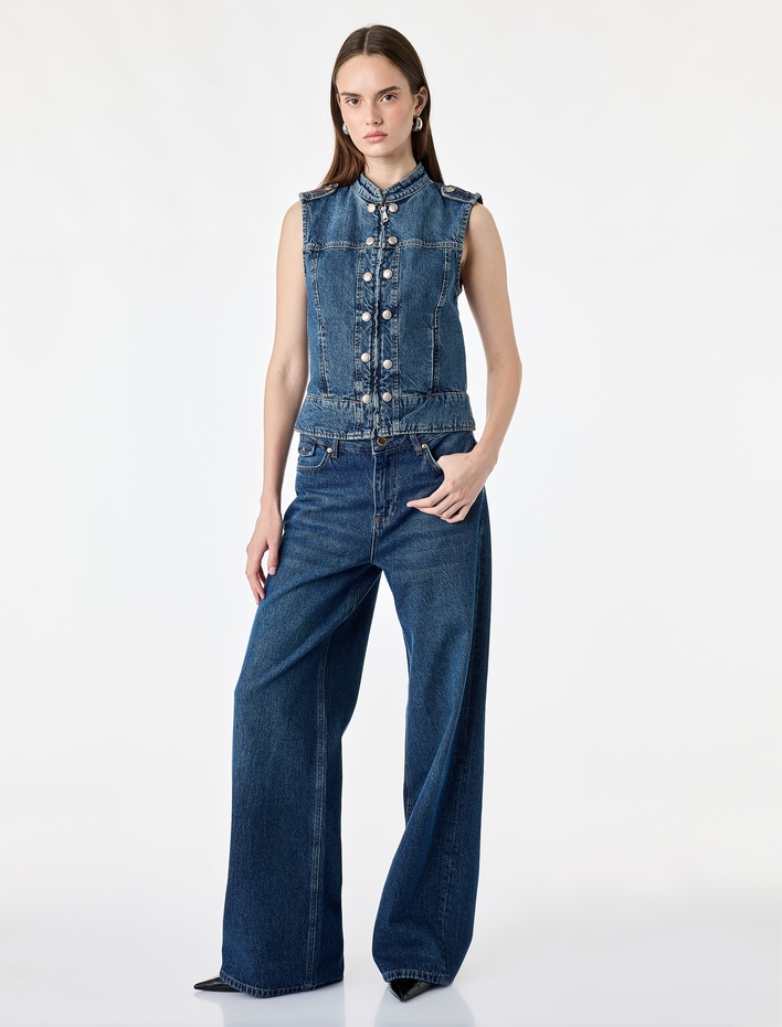  Pamuklu Cepli Geniş Paça Denim Pantolon - Wide Leg Jeans