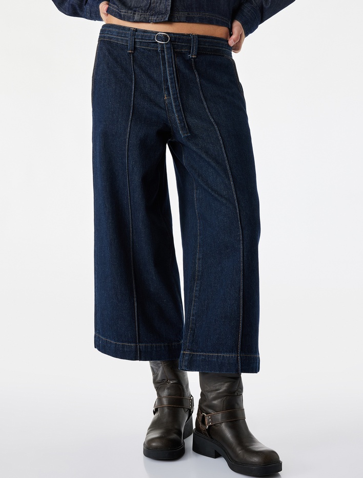  Pamuklu Cepli Kemerli Culotte Denim Pantolon
