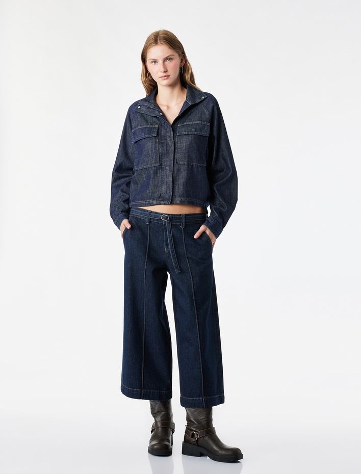  Pamuklu Cepli Kemerli Culotte Denim Pantolon