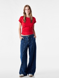 Slim Fit Kısa Kollu Bisiklet Yaka Büzgülü Tişört