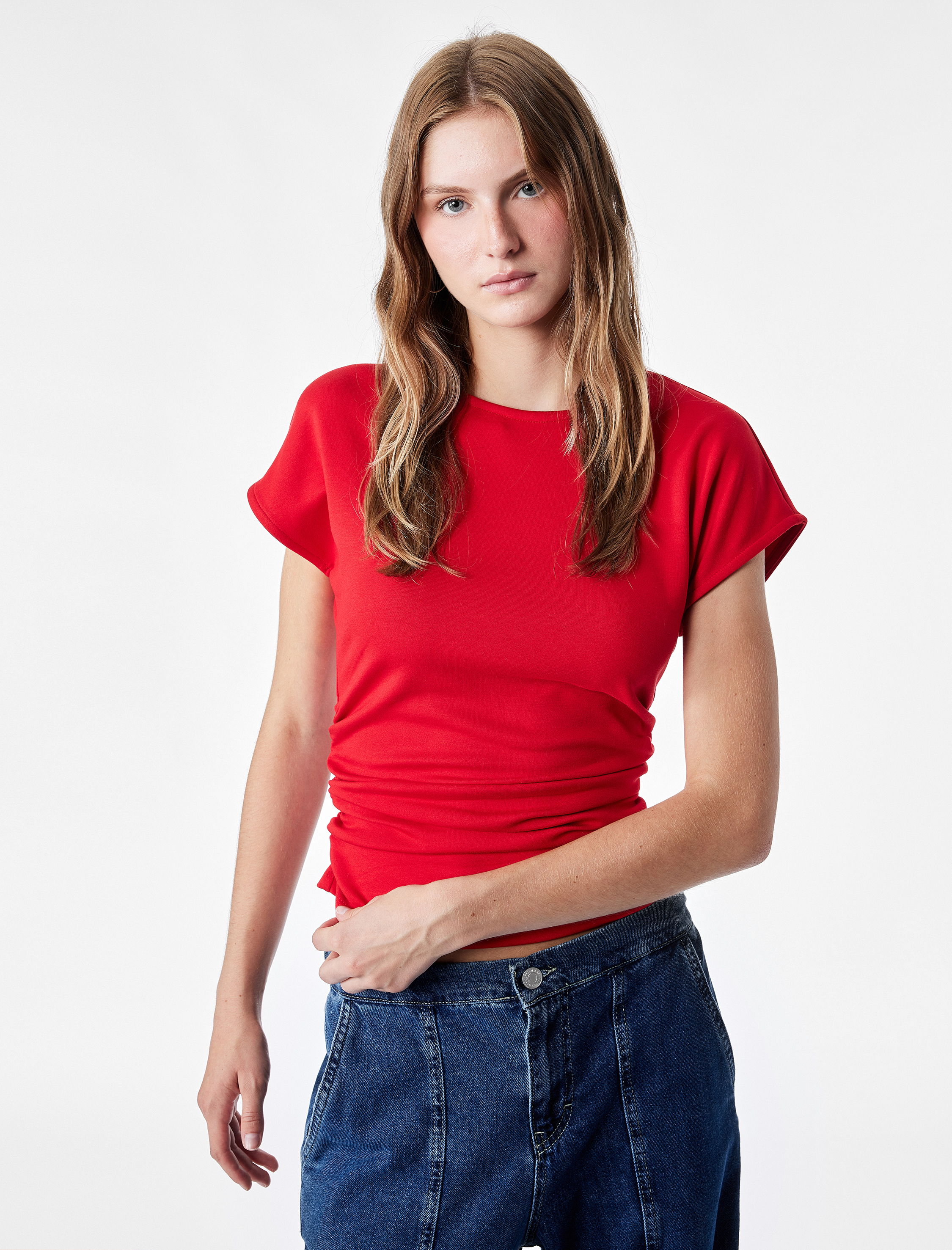   Slim Fit Kısa Kollu Bisiklet Yaka Büzgülü Tişört
