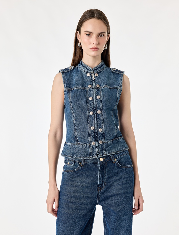  Pamuklu Cepli Yuvarlak Yaka Kolsuz Denim Military Yelek