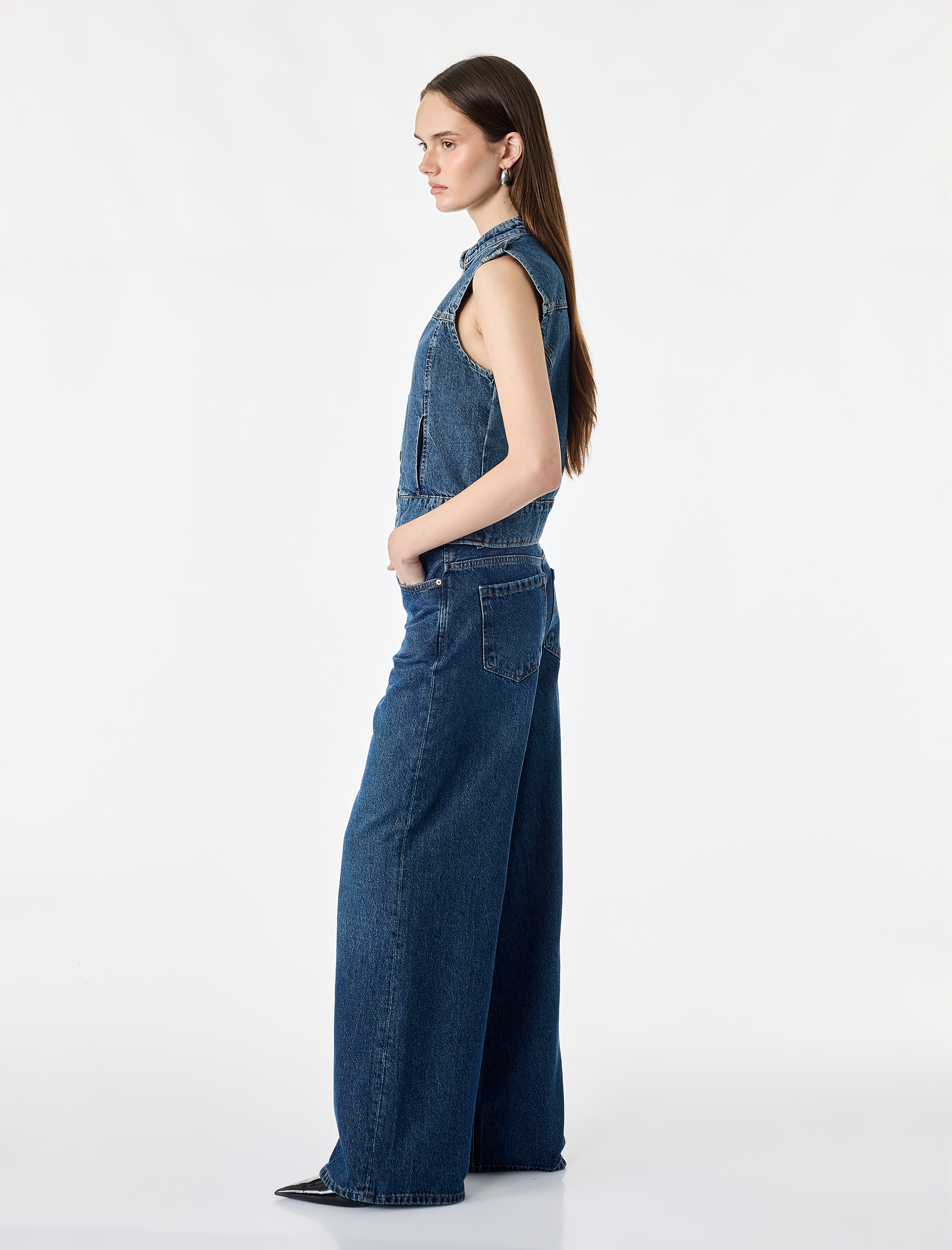   Pamuklu Cepli Yuvarlak Yaka Kolsuz Denim Military Yelek