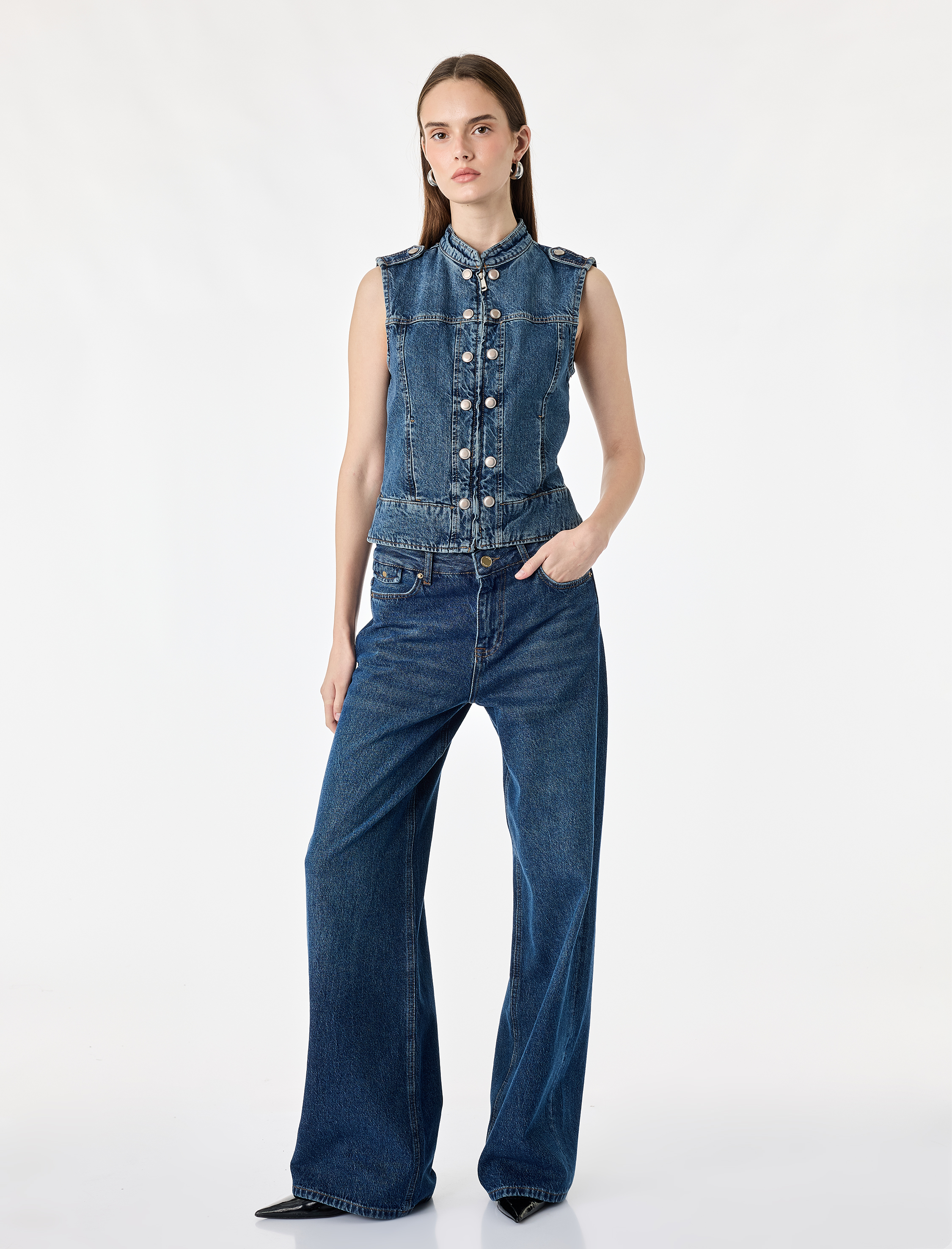   Pamuklu Cepli Yuvarlak Yaka Kolsuz Denim Military Yelek