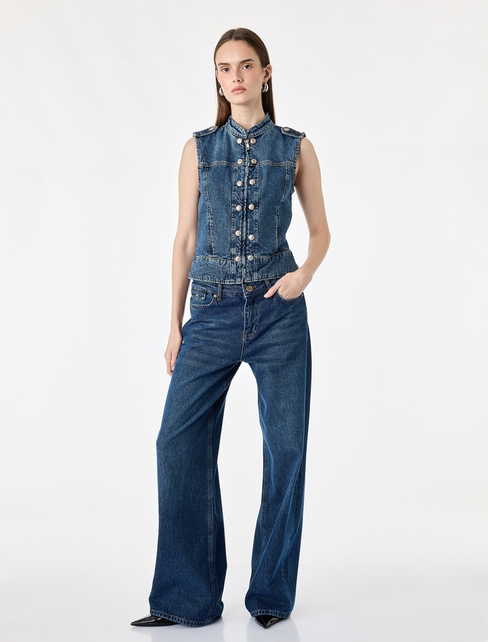  Pamuklu Cepli Yuvarlak Yaka Kolsuz Denim Military Yelek