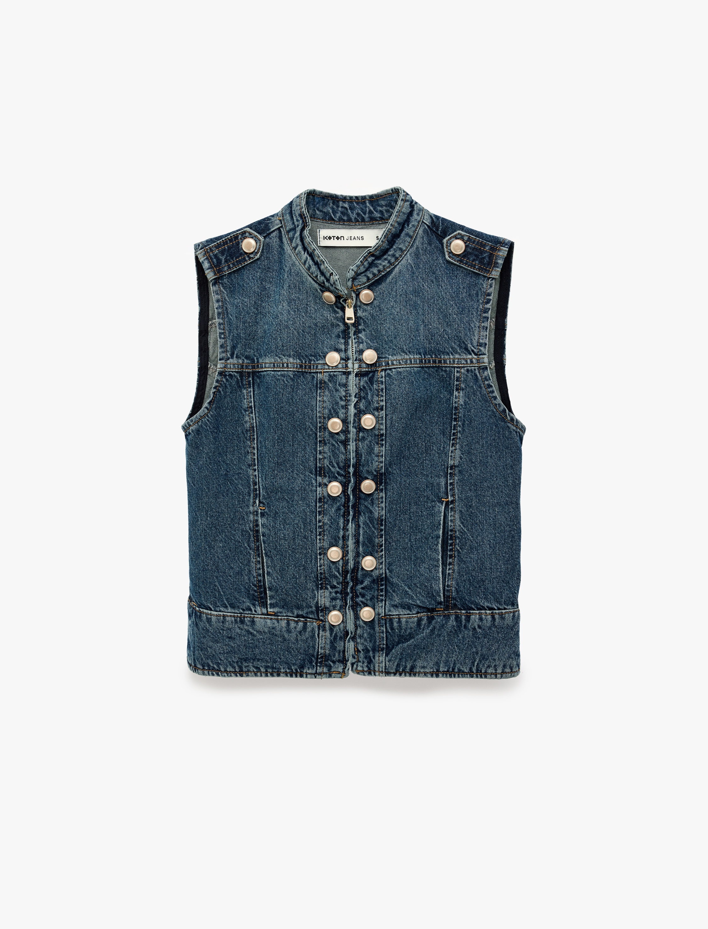   Pamuklu Cepli Yuvarlak Yaka Kolsuz Denim Military Yelek