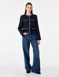 Slim Fit Uzun Kollu Bisiklet Yaka Kontrast Detaylı Düğmeli Tüvit Ceket