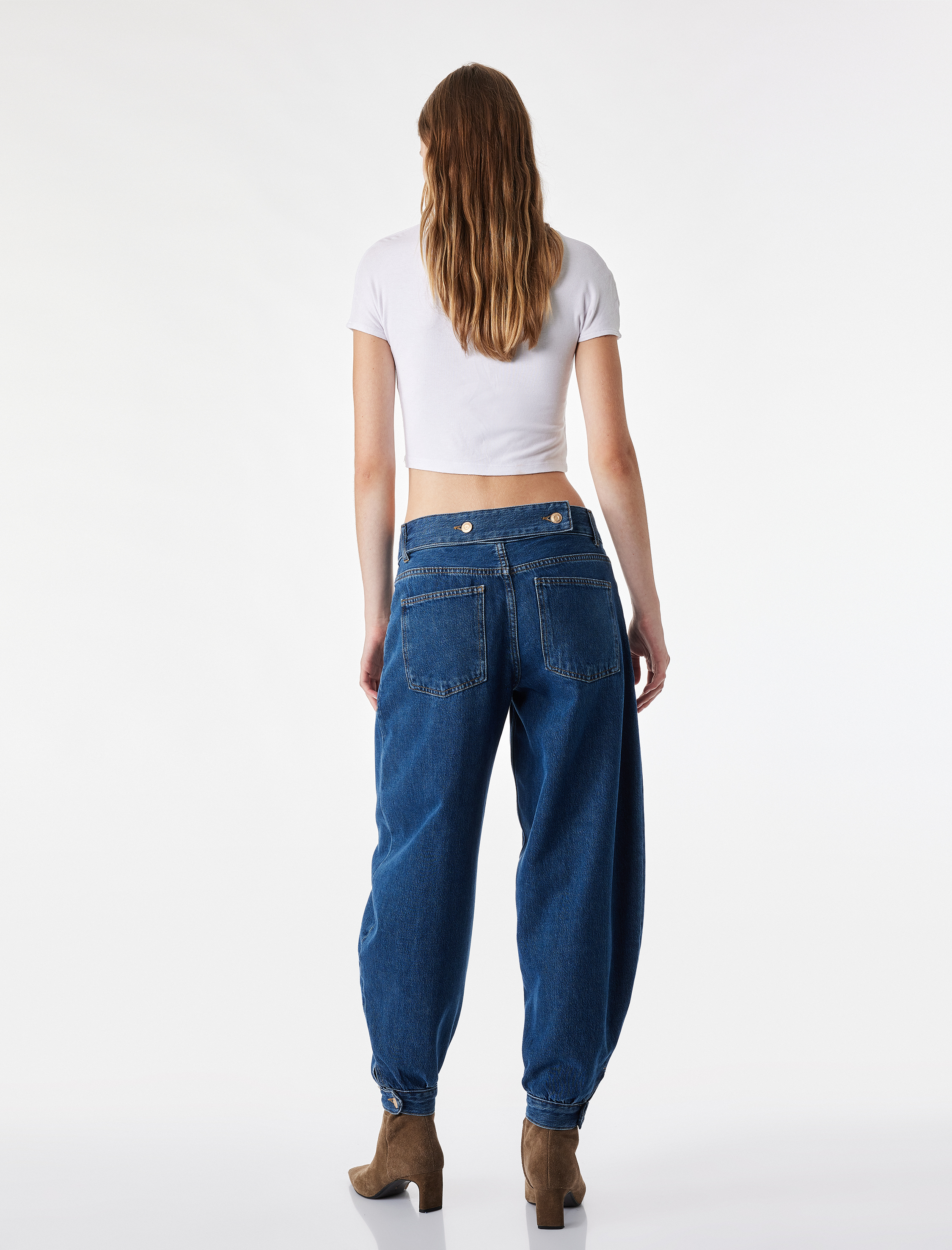   Rahat Kalıp Cepli Düğmeli Stoperli Kısa Paça Denim Harem Pantolon