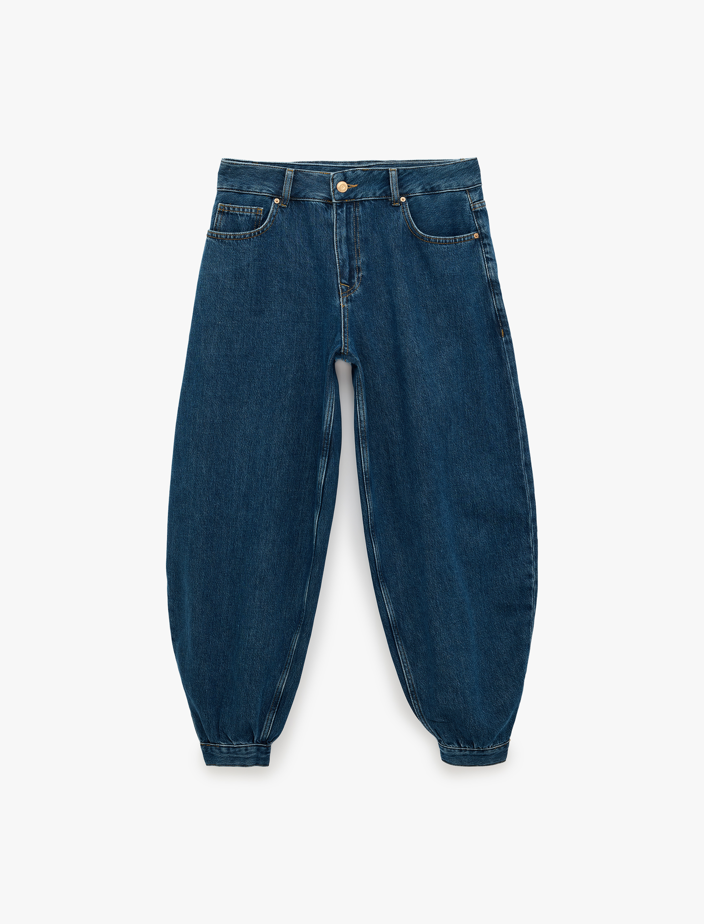   Rahat Kalıp Cepli Düğmeli Stoperli Kısa Paça Denim Harem Pantolon