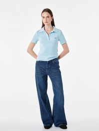 Pamuklu Slim Fit Düğmeli Kalp İşleme Detaylı Polo Yaka Kısa Kollu Fitilli Tişört