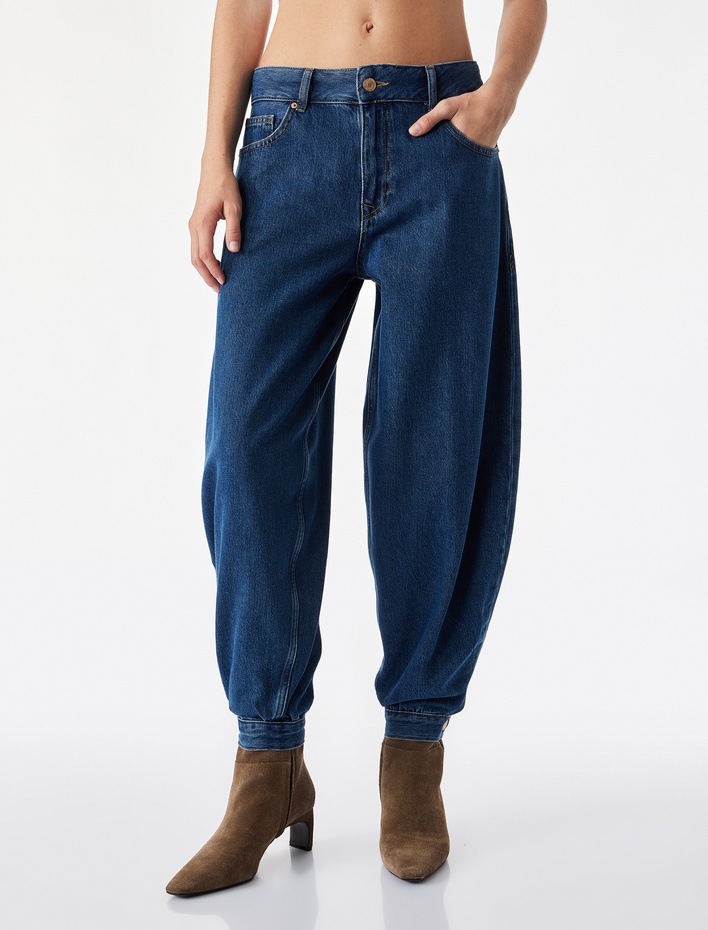  Rahat Kalıp Cepli Düğmeli Stoperli Kısa Paça Denim Harem Pantolon
