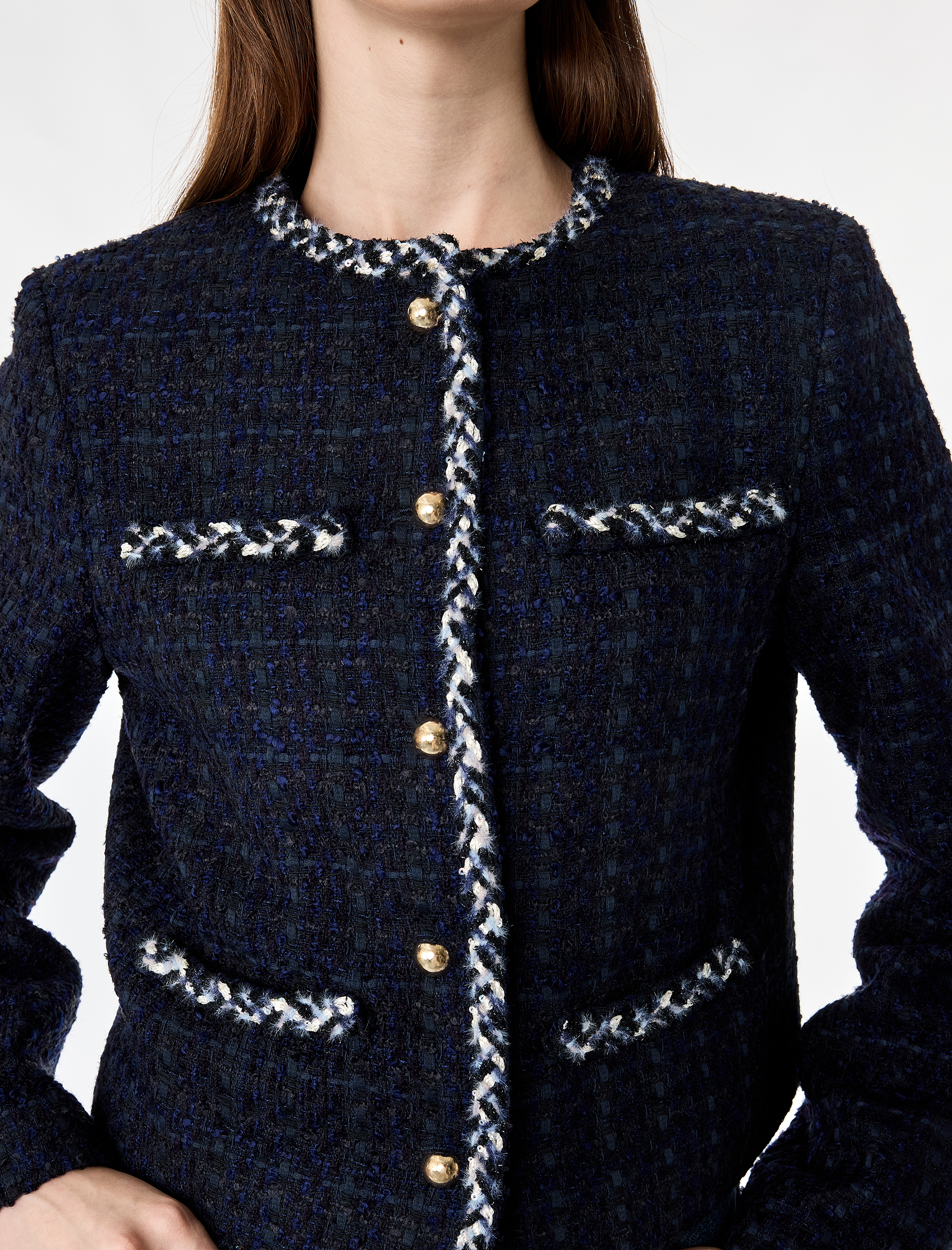   Slim Fit Uzun Kollu Bisiklet Yaka Kontrast Detaylı Düğmeli Tüvit Ceket