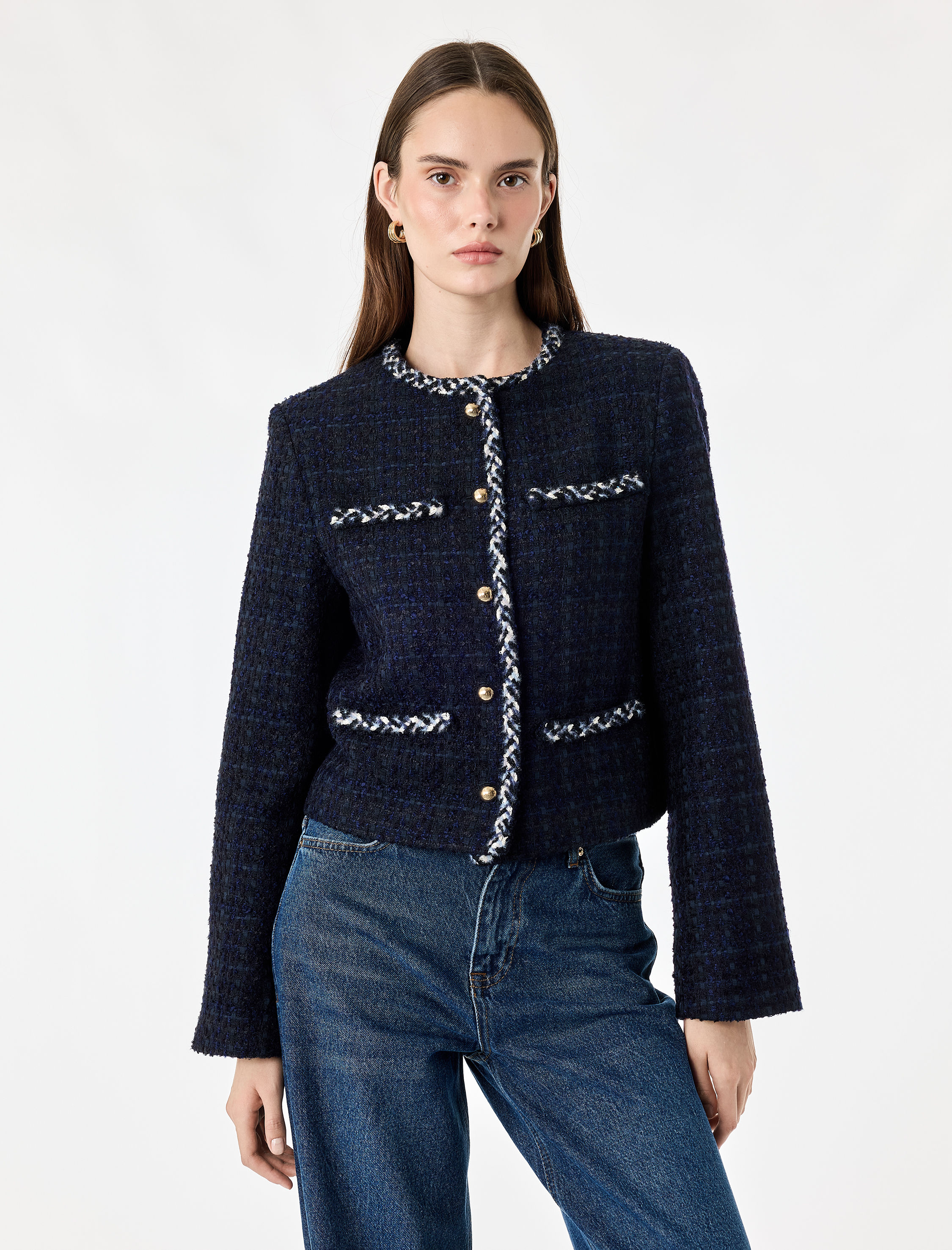   Slim Fit Uzun Kollu Bisiklet Yaka Kontrast Detaylı Düğmeli Tüvit Ceket