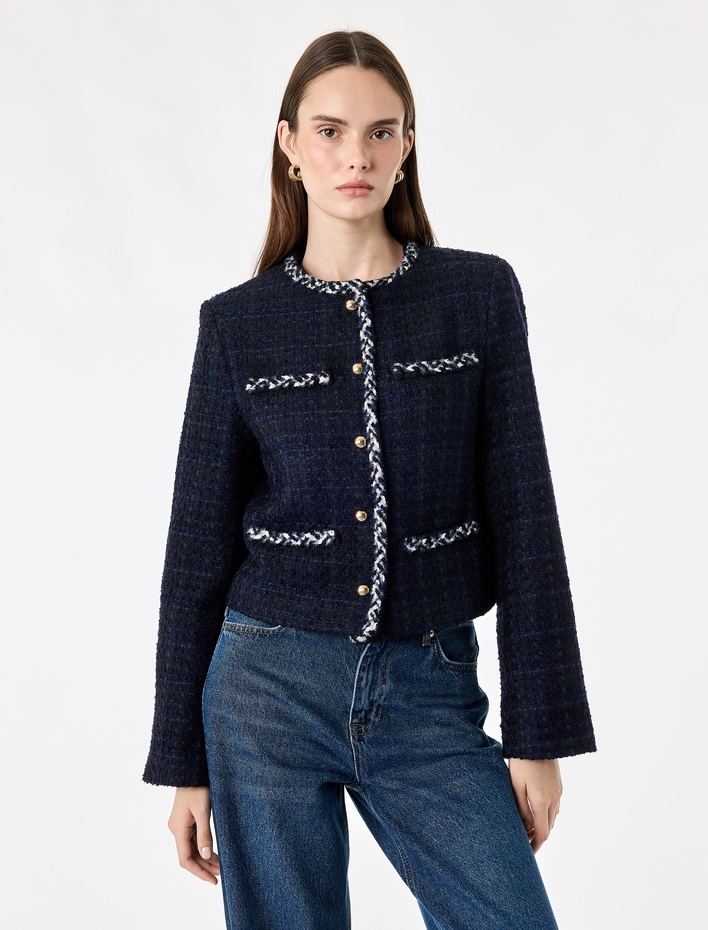  Slim Fit Uzun Kollu Bisiklet Yaka Kontrast Detaylı Düğmeli Tüvit Ceket