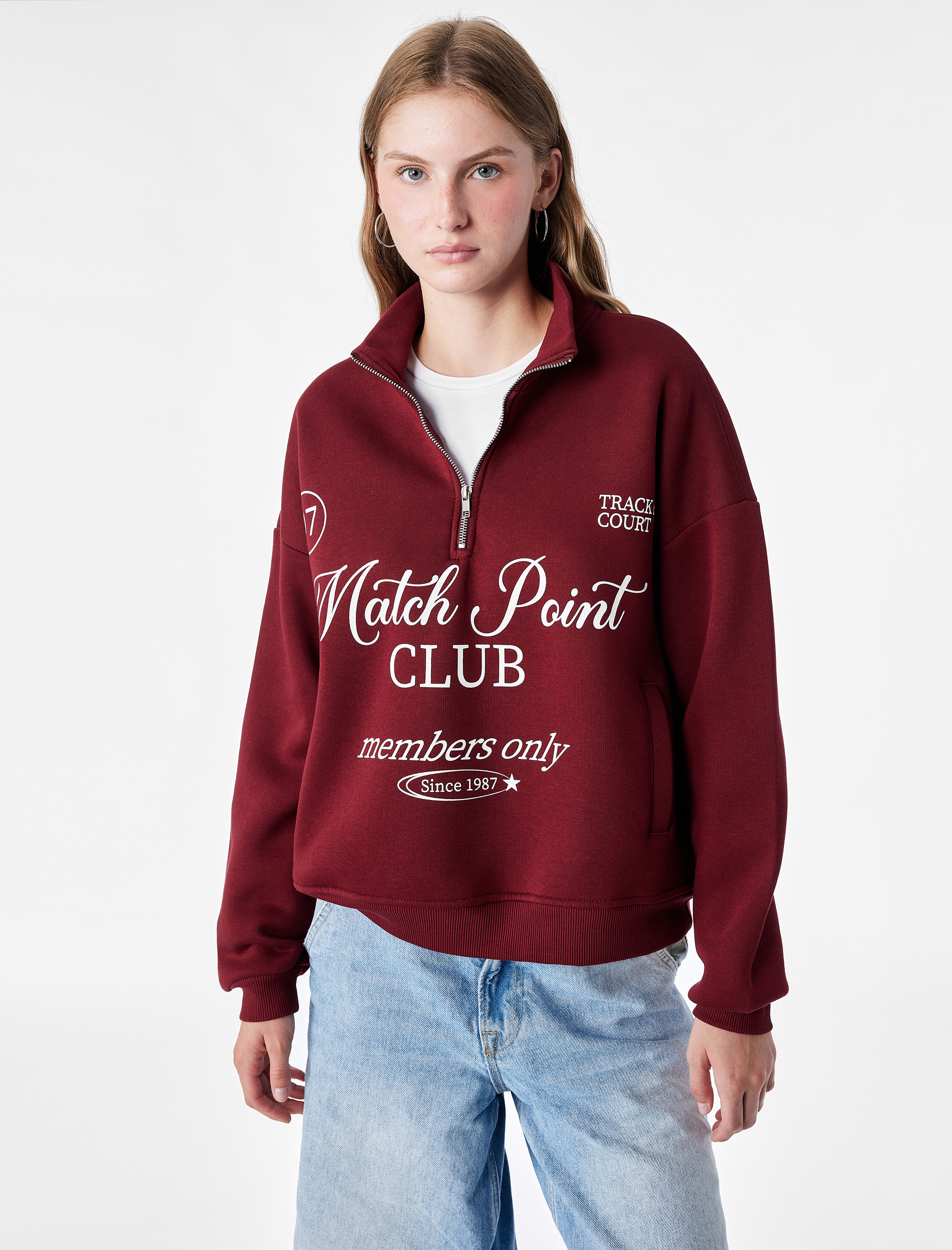   Şardonlu Rahat Kalıp Uzun Kollu Cepli Yarım Fermuarlı Baskılı Sweatshirt