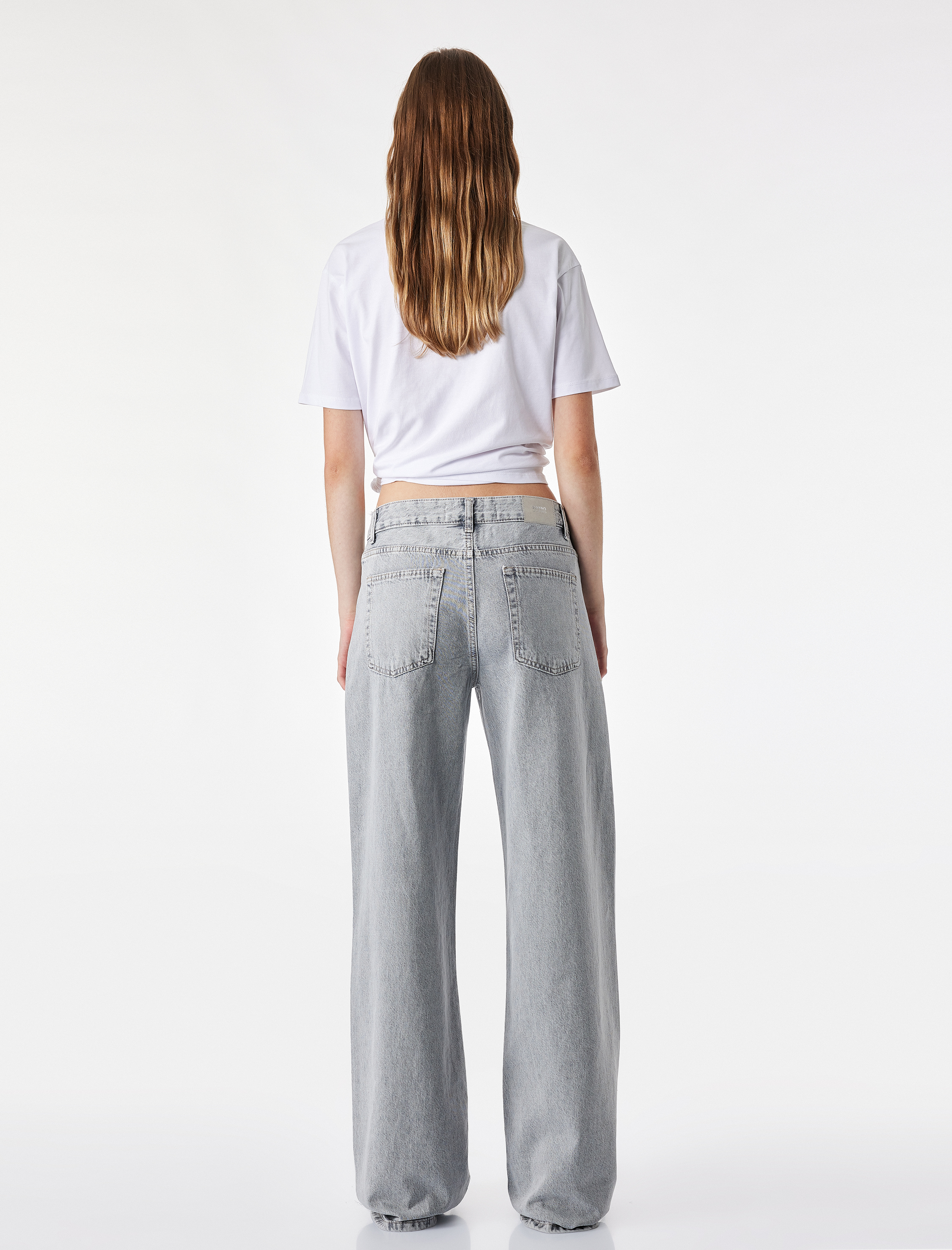  Taş Detaylı Yıkamalı Normal Bel Pamuklu Geniş Paça Denim Pantolon -  Wide Leg Jeans